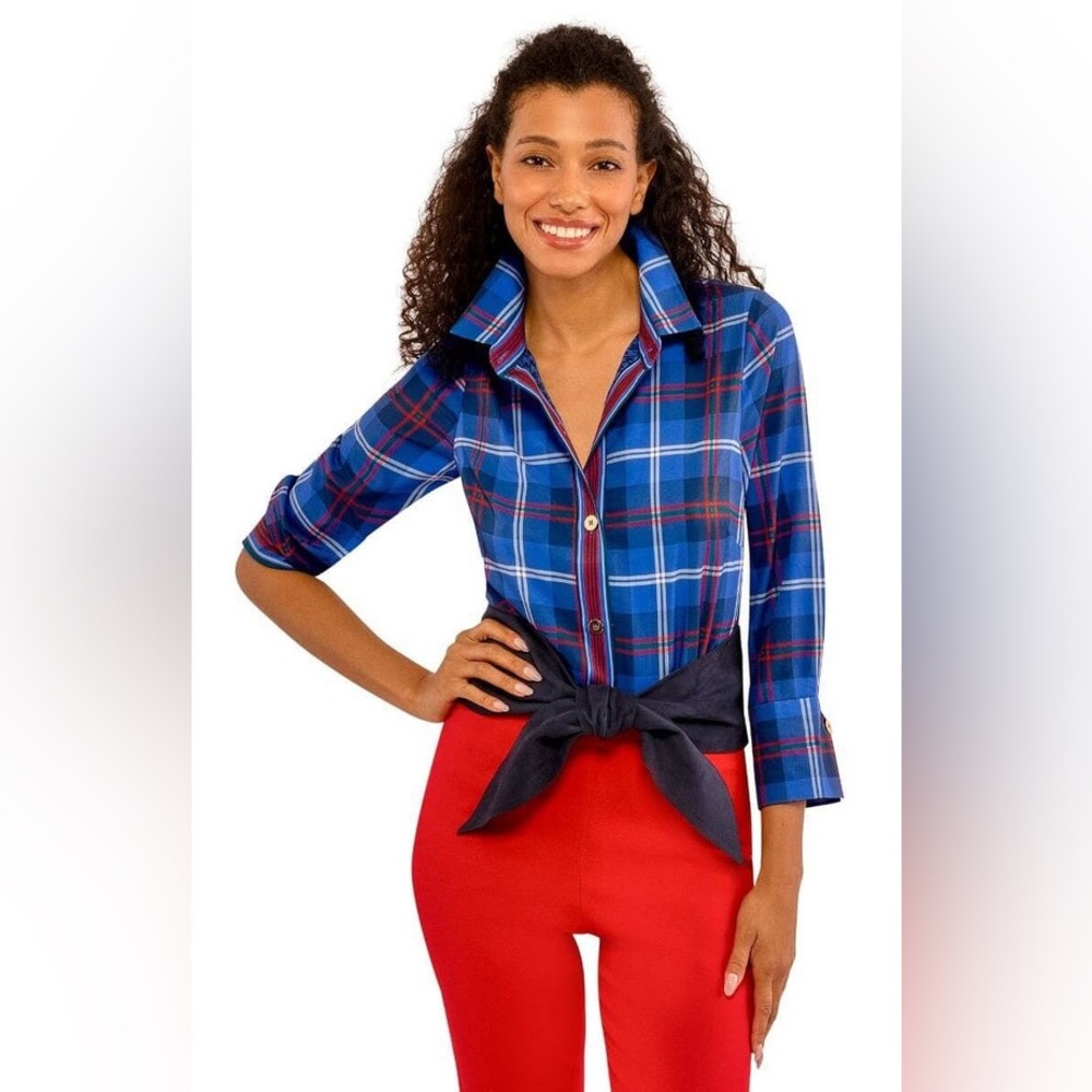 Gretchen Scott Designs Blue Plaid Women's Top